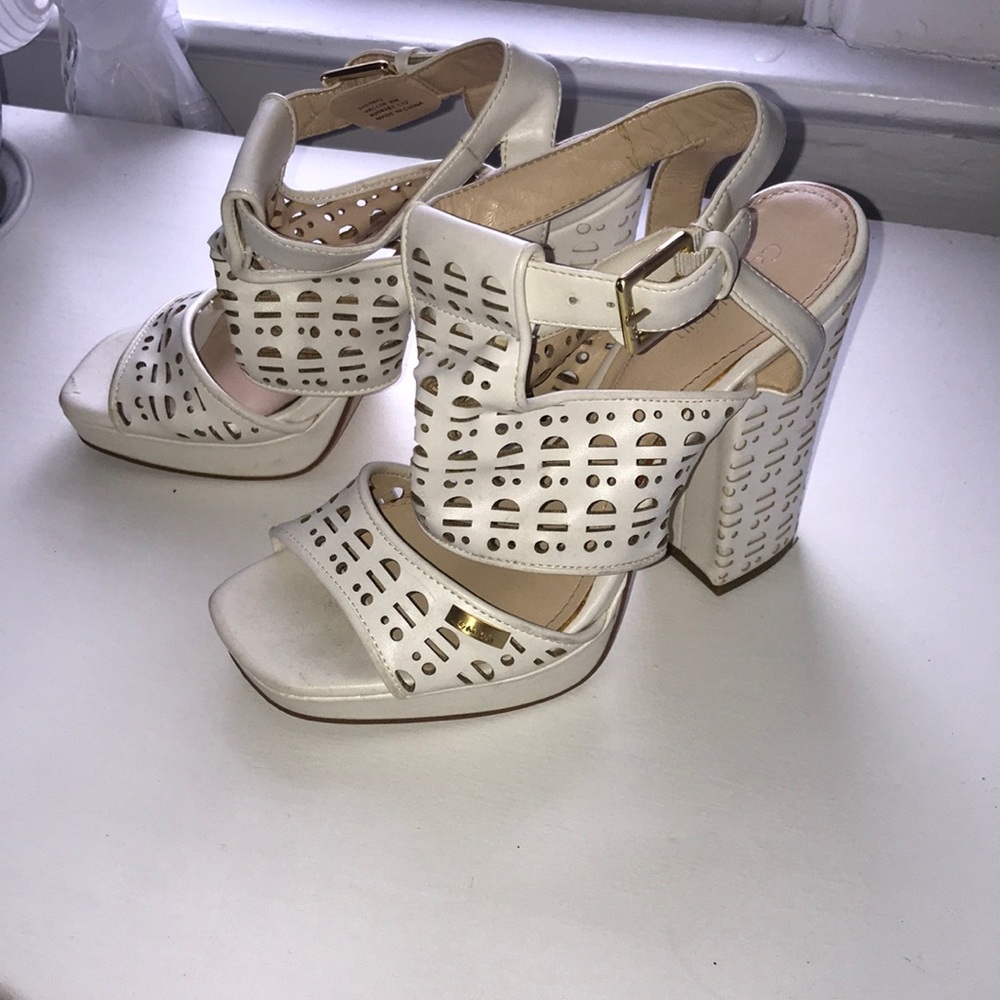 White Calvin Klein cage sandal heels, size 8